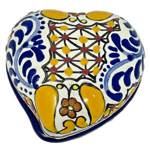 VTG Talavera Hand Painted Heart Trinket Box Folk Art Mexican Pottery Made Mexico